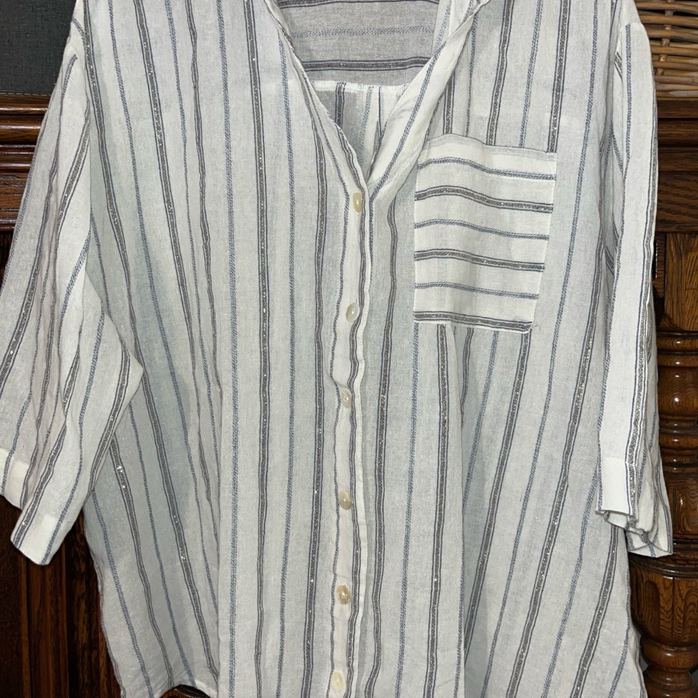 Club Z Women's White & Gray Striped Button-Front Blouse with sparkle